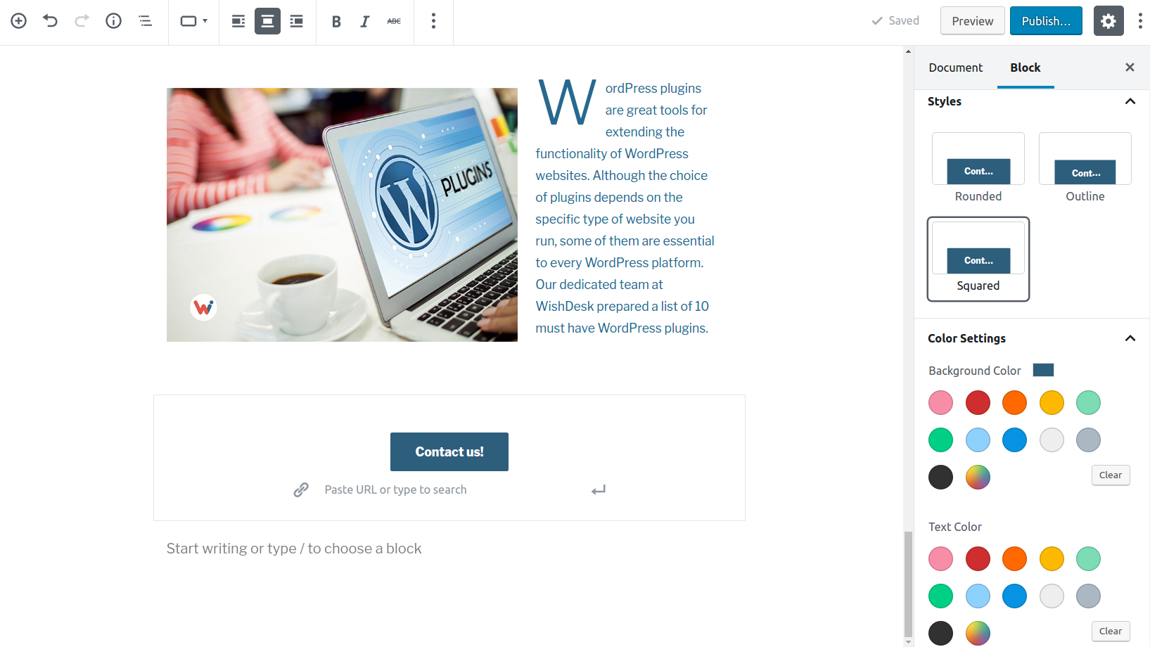 button settings in gutenberg editor wordpress 5