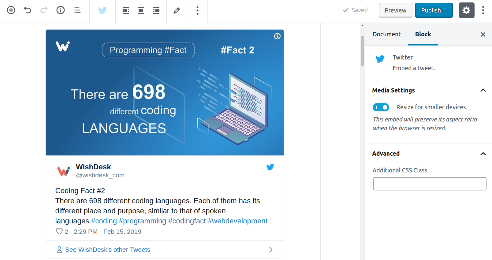  Gutenberg editor in WordPress 5 - embedded tweet